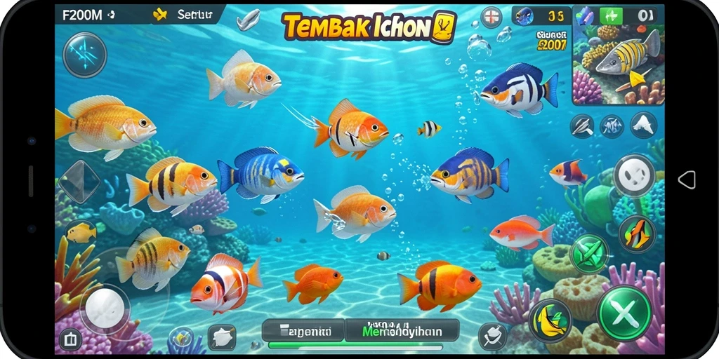 Gameplay F200M yang seru dengan berbagai ikan berwarna-warni.
